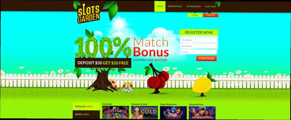 Slots Garden 100% Match bonus welcome offer